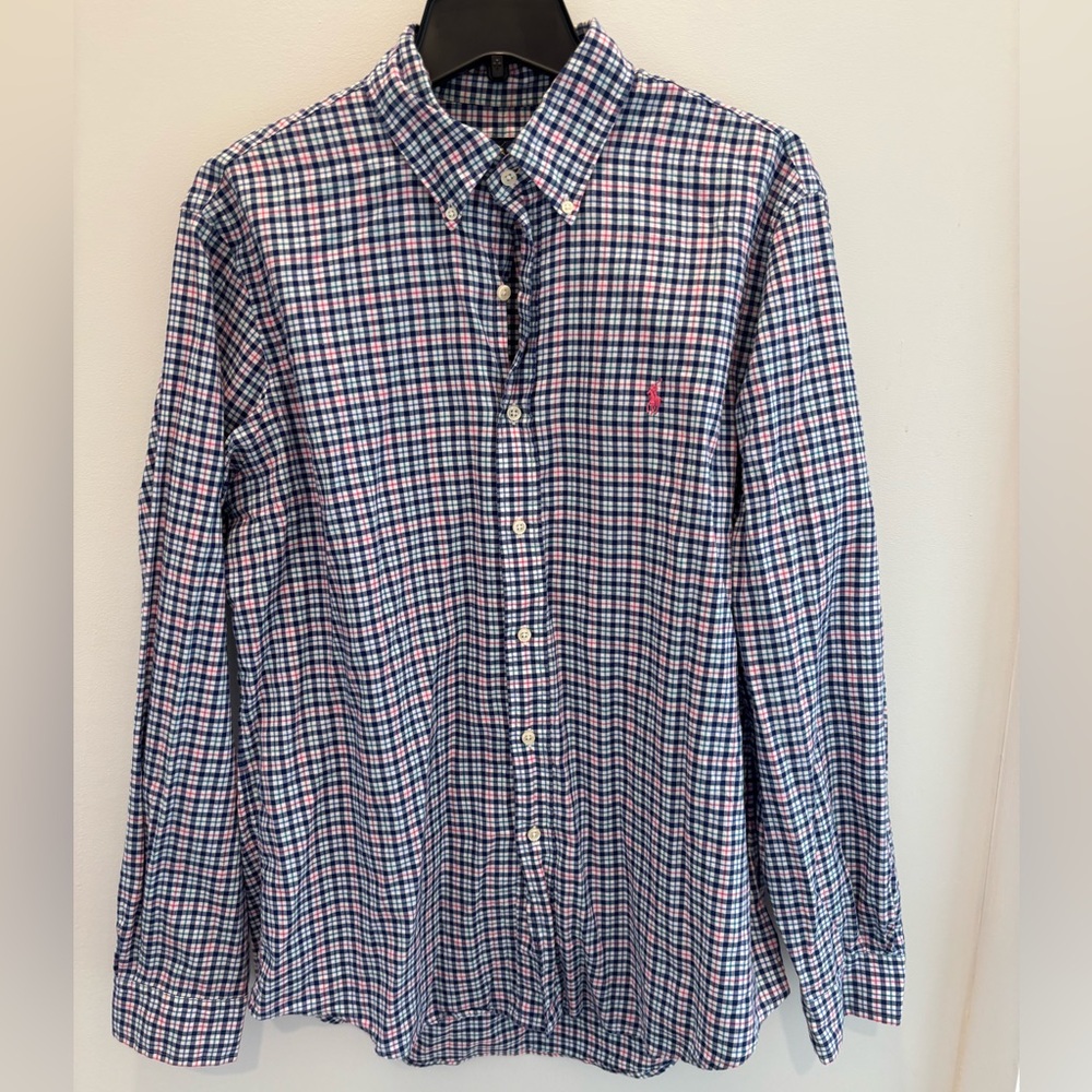 Men’s Polo Ralph Lauren button Down Dress shirt. Navy Blue with Pink size large
